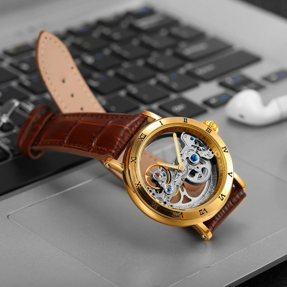 Golden Bridge Skeleton Automatic Mens Watch Luxury with Genuine Leather Strap